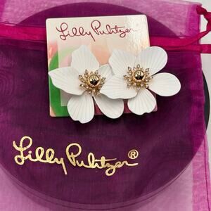 Lilly Pulitzer Oversized Pearl Resort White Orchid Metal Crystal Earrings New